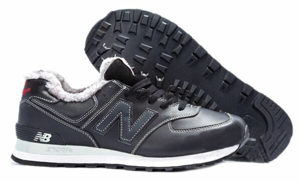 Зимние NEW BALANCE 574 с мехом кожаные черный с белым (40-45)