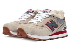 Зимние NEW BALANCE 574 с мехом замша бежевые с красным (35-39)