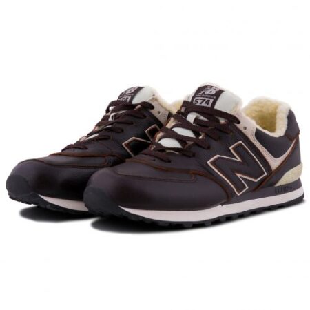 Зимние New Balance 574 с мехом коричневые кожаные мужские (40-45)