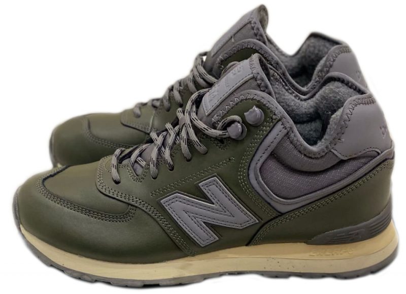 Зимние New Balance 574 Khaki с мехом хаки-серые кожаные мужские (40-45)